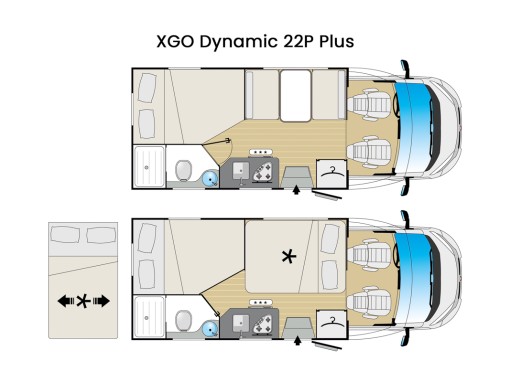 Polointegrovaný obytný vůz XGO Dynamic 22P Plus - scéma půdorys. Půjčovna a prodej obytných vozů Ústí nad Labem a Praha.