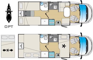 Půdorys polointegrovaného vozu Fiat Ducato XGO Dynamic 95P Plus 2022